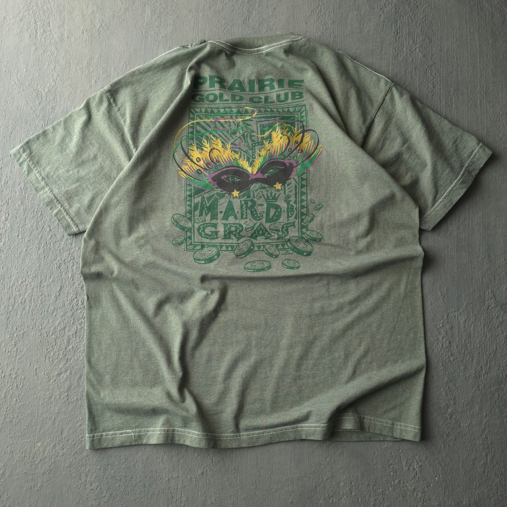 Vintage 90s Green T-shirt XL Prairie Gold Club Mardi Gras Hand Dyed USA